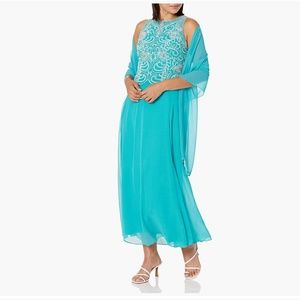 J Kara Women's Sleeveless Scallop Long Beaded Dress W/Scarf